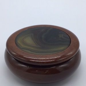 Vintage Hand Carved Round Wooden Agate Inlaid Stone Trinket Box